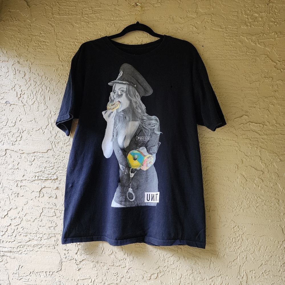 Vintage Unit Black Graphic T-Shirt with Police Officer Print